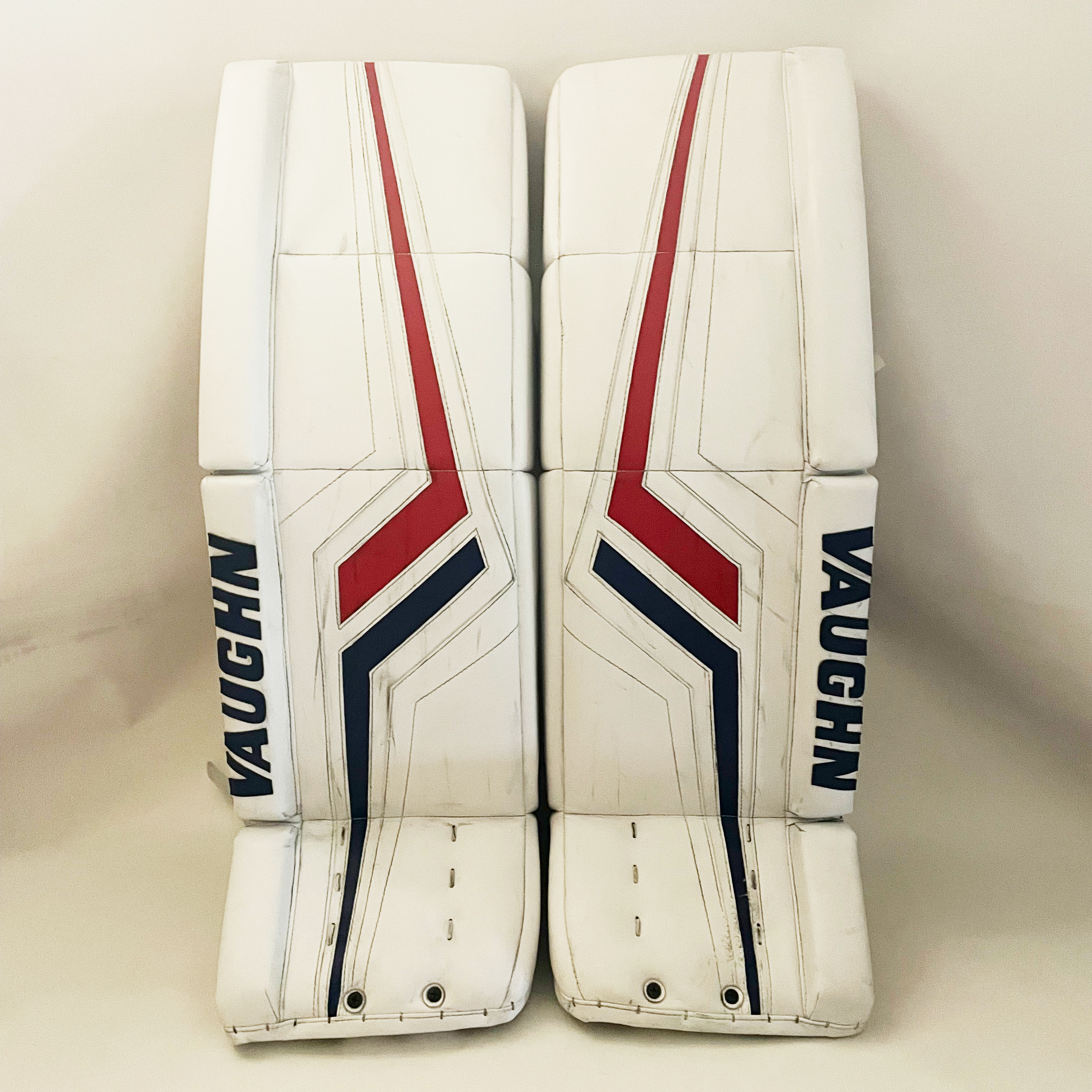 Vaughn Pro V Elite - Jambières de gardien de but Pro Stock d'occasion - Keith Kinkaid (blanc/rouge/bleu)
